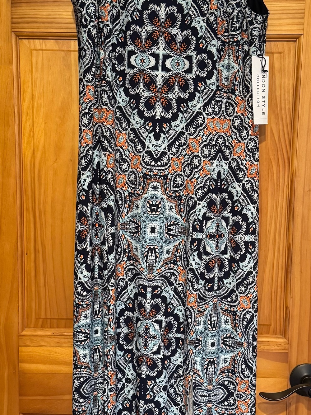 London Times Black Maxi Dress with Blue & Orange Medallion Print
